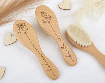 Set de cepillo y peine para bebé personalizado: madera de haya grabada, flor de nacimiento