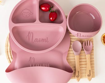 Set de destete de silicona personalizado, set de alimentación con nombre, set de destete para bebés pequeños, plato personalizado para bebé, regalo para baby shower, regalo de Navidad para bebé.