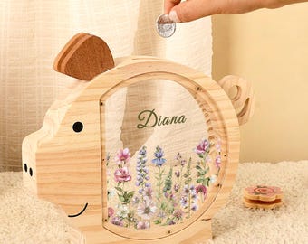 Hucha con nombre, hucha para niña, tarro de ahorros Montessori, regalo de Navidad para niños, regalo de cumpleaños infantil, regalo para baby shower