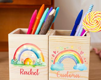 Portalápices arcoíris para niñas con nombre, vaso de madera personalizado para lápices, regalos para profesores, regalo de cumpleaños infantil, regalo de Año Nuevo, regalo para niños pequeños.