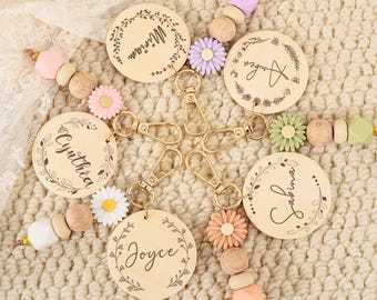 Llavero personalizado de flores con nombre, etiquetas para pañalera, llavero bohemio, colgante para bolso, llavero con nombre grabado personalizado, regalo de Navidad para mamá