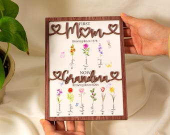 Letrero de madera con flores personalizado para el mes de nacimiento: Primero mamá, ahora abuela