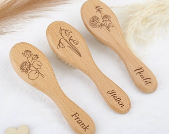 Custom Wooden Baby Hair Brush & Comb Set for Newborns and Toddlers, Personalized Engraved Baby Shower Gift, Birth Flower Hairbrush with Name