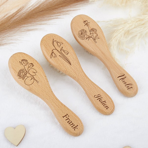 Custom Wooden Baby Hair Brush & Comb Set for Newborns and Toddlers, Personalized Engraved Baby Shower Gift, Birth Flower Hairbrush with Name