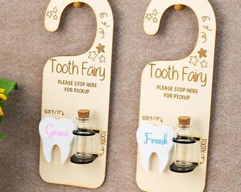 Colgador de puerta personalizado de Hada de los Dientes: Colector de Dientes de Madera