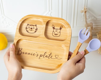 Baby Feeding Set with Name, Custom Toddler Weaning Set, Baby Bamboo Plate, Bamboo Plate with Spoon, Baby Shower Gift, First Birthday Gift