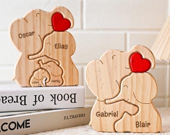 Rompecabezas de madera personalizado de familia de osos, rompecabezas de pareja de osos abrazados, animales de madera personalizados, regalo para amantes de los osos, regalo de aniversario de San Valentín