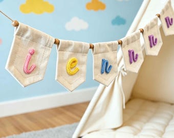 Custom Baby Name Bunting, Baby Name Canvas Banner, Personalized Nursery Wall Decor, Yarn Letter Kids Room Garland, Baby Shower Name Gift