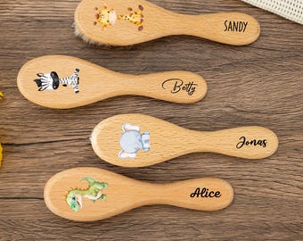 Cepillo de pelo de madera de haya con diseño de animal personalizado para bebé: regalo para recién nacido