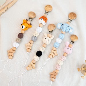 Name Pacifier Clip, Crocheted Animal Pacifier Clip, Newborn Soother Clip, Baby Soother Holder, Wood Dummy Chain, Baby Shower, Baptism Gift