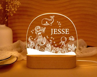 Veilleuse personnalisée petite sirène, lampe de nuit LED pour enfants, veilleuse pour bébé, cadeau de Noël pour les enfants, cadeau de bébé fille, cadeaux de baptême