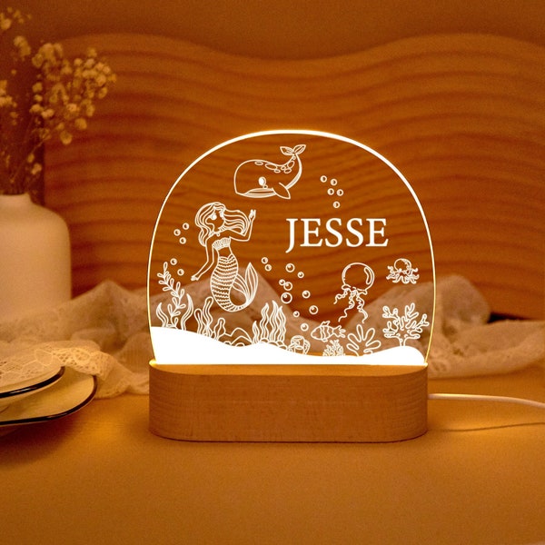 Veilleuse personnalisée petite sirène, lampe de nuit LED pour enfants, veilleuse pour bébé, cadeau de Noël pour les enfants, cadeau de bébé fille, cadeaux de baptême