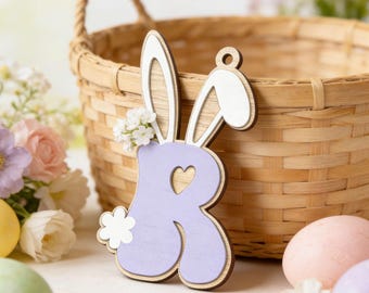 Etiqueta personalizada con nombre y letra de conejito de Pascua, etiqueta para cesta de Pascua para nietos, etiqueta de madera con inicial, etiqueta de regalo de Pascua para niños, decoración de primavera para niños y niñas.
