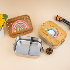 Boîte à lunch arc-en-ciel personnalisée pour enfants, cadeau de rentrée des classes, boîte à collations pour enfants avec nom, boîte à lunch en acier inoxydable, cadeau d'anniversaire garçon fille