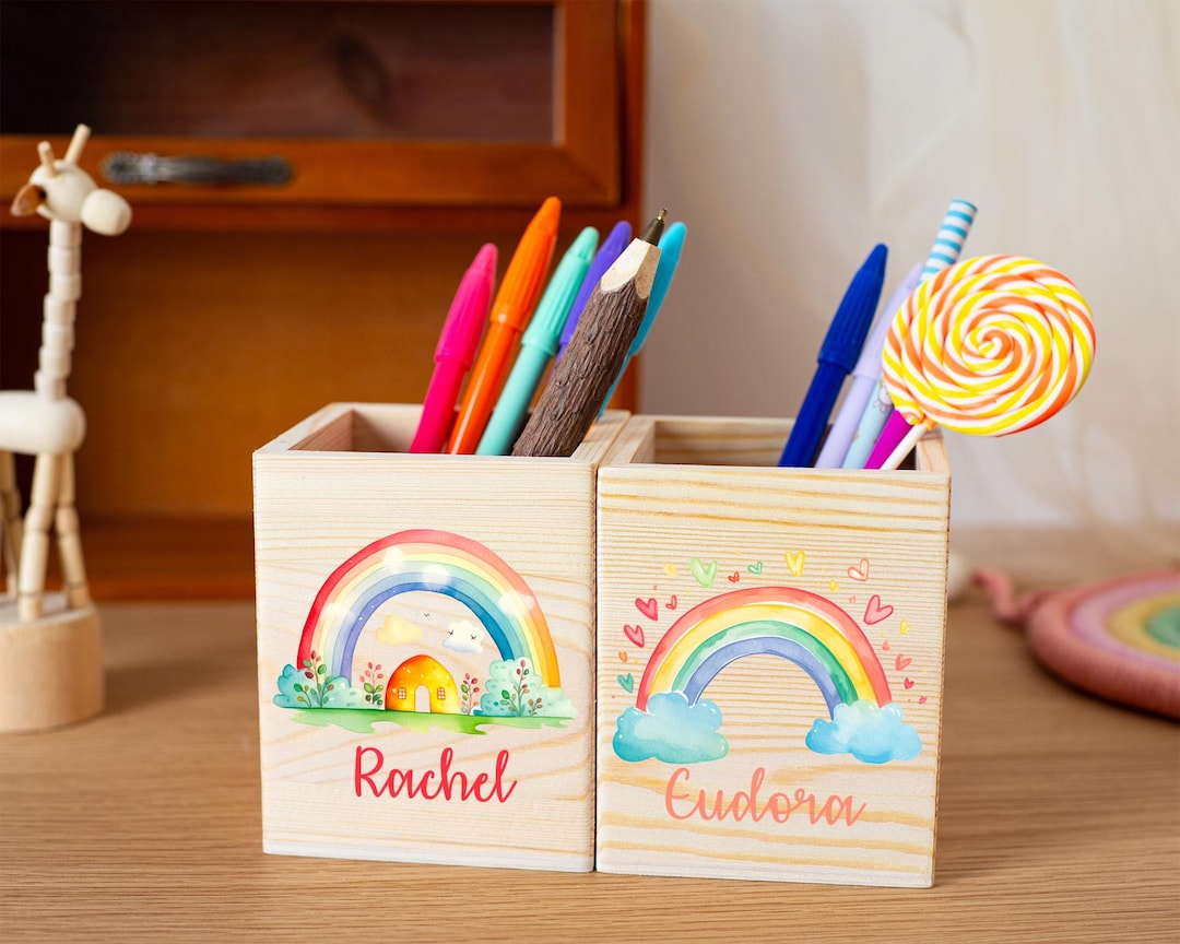 Girls Rainbow Pencil Holder With Name, Custom Wooden Pencil Cup for ...