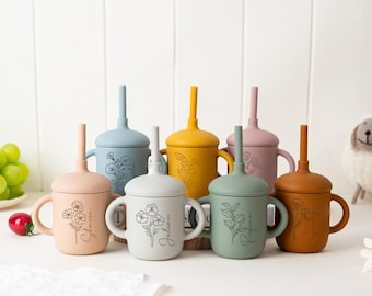 Vaso de silicona con diseño de flor de nacimiento para bebé, vaso con pajita, vaso antiderrames, vaso de entrenamiento para niños pequeños, regalo de primer cumpleaños, regalo para sobrino o sobrina.