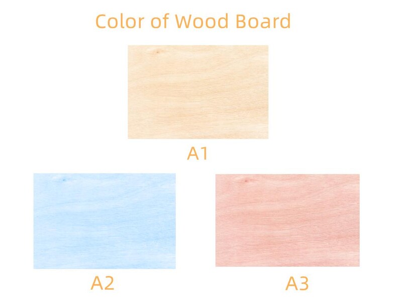 Pu&ograve; includere: Tre campioni di tavole di legno in diversi colori: naturale, azzurro chiaro e rosa chiaro. I campioni sono etichettati A1, A2 e A3.