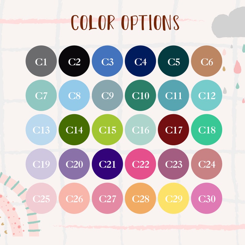 Pu&ograve; includere: Tabella colori con 30 diverse opzioni di colore etichettate da C1 a C30. I colori vanno dal grigio scuro al rosa chiaro.