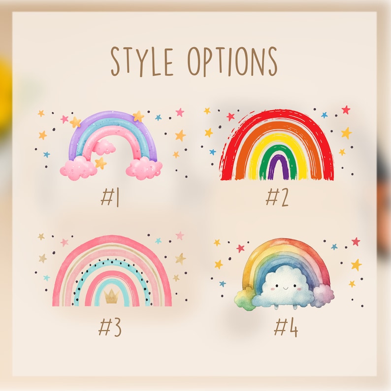 May include: Four different rainbow designs with stars. The first rainbow is purple, blue, and pink with clouds. The second rainbow is red, orange, yellow, green, blue, indigo, and violet with a brushstroke effect. The third rainbow is pink, blue, and white with gold dots and a crown. The fourth rainbow is red, orange, yellow, green, blue, indigo, and violet with a white cloud with a smiley face.