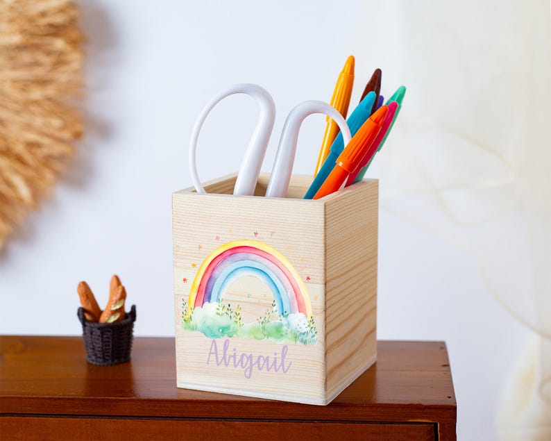 Personalized Rainbow Pencil Holder With Name, Custom Wooden Pencil Cup ...