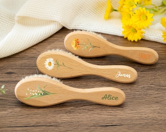 Custom Birth Flower Baby Hairbrush: Personalized Beech Wood Keepsake