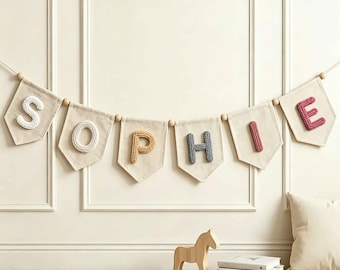 Guirnalda de letras de hilo personalizadas para habitación infantil, pancarta de lienzo con nombre de bebé, banderín con nombre de bebé, decoración de pared personalizada para guardería, regalo con nombre para baby shower