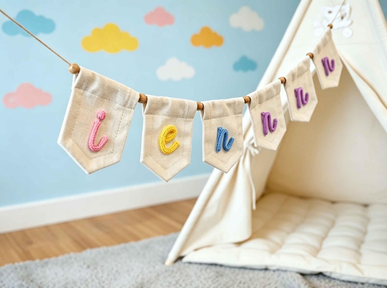 May include: A decorative banner featuring six off-white canvas pennants strung on a cord with wooden beads. Each pennant displays a single lowercase letter in a different colored yarn, spelling out the name lennon in pink, yellow, and blue.