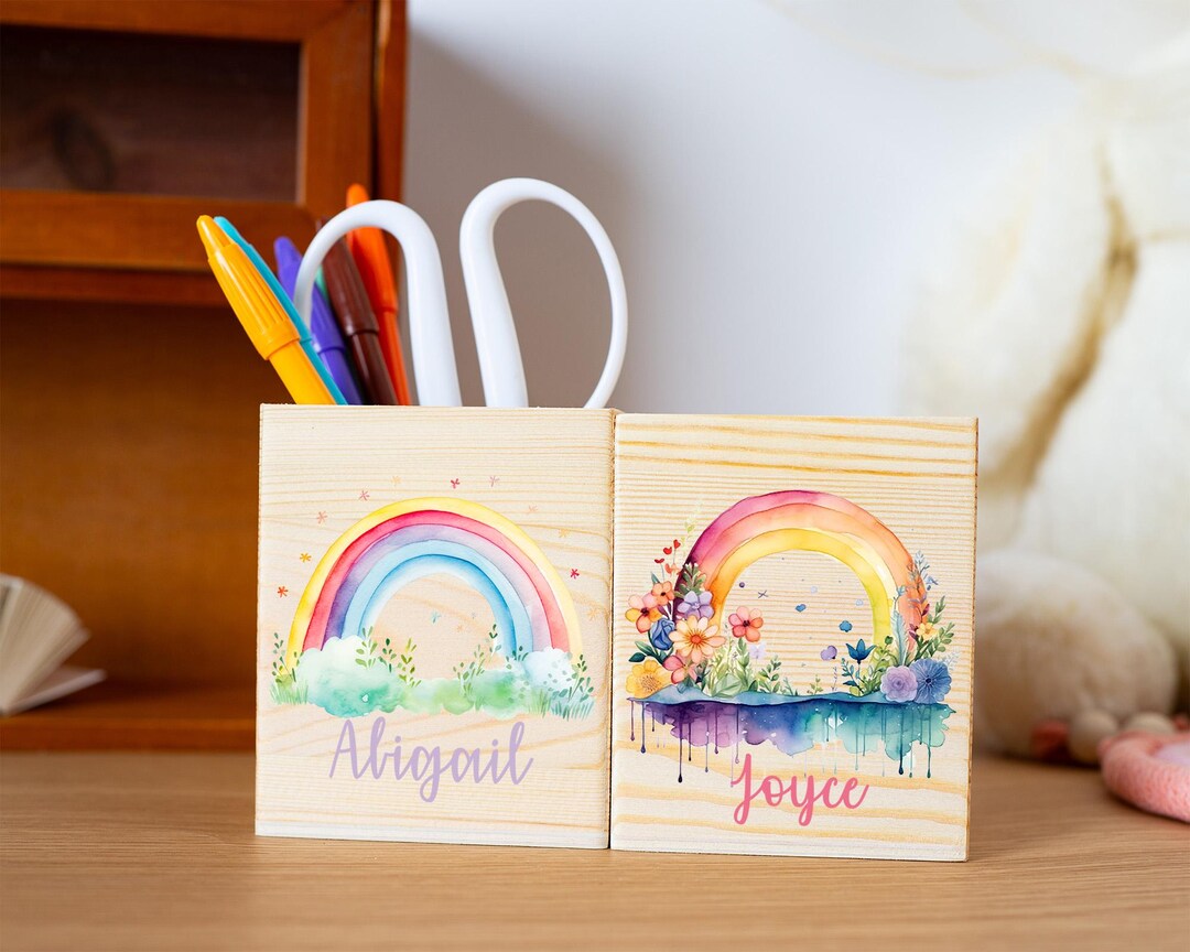Personalized Rainbow Pencil Holder With Name, Custom Wooden Pencil Cup ...