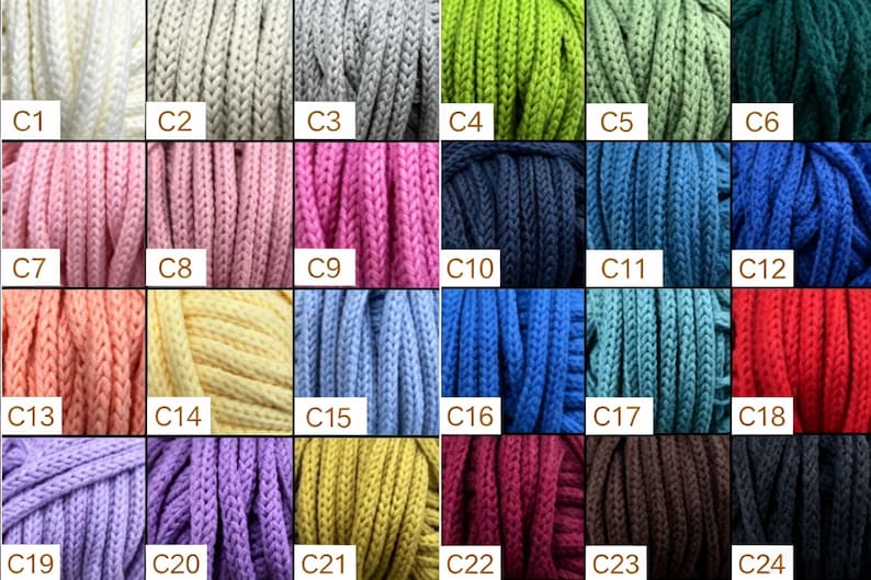 May include: A grid of twenty-four samples of braided cord in various colors, labeled C1 through C24. The colors include white, gray, green, pink, blue, yellow, red, purple, brown, and black. Each square displays a textured, woven rope.