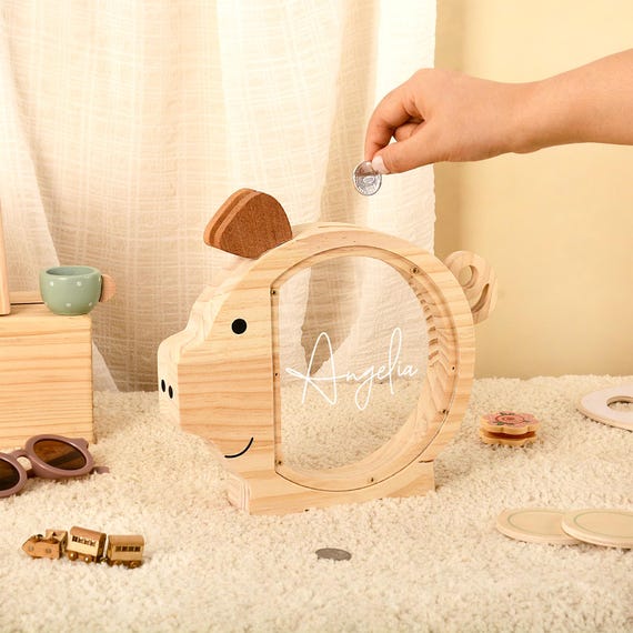 Wood Piggy Bank, Money Box Coin Bank, Montessori Savings Jar, Christmas Gifts for Children, Birthday Gift for Kids, Neutral Baby Shower Gift