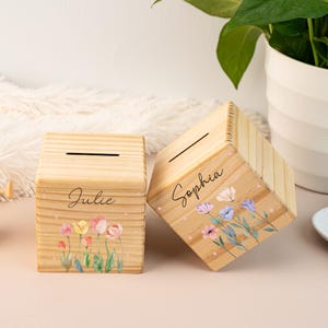Custom Name Piggy Bank with Wildflower, Custom Birthday Coin Bank, Girls Back to School Gift, Money Bank, Savings Bank, Boho Nursery Decor