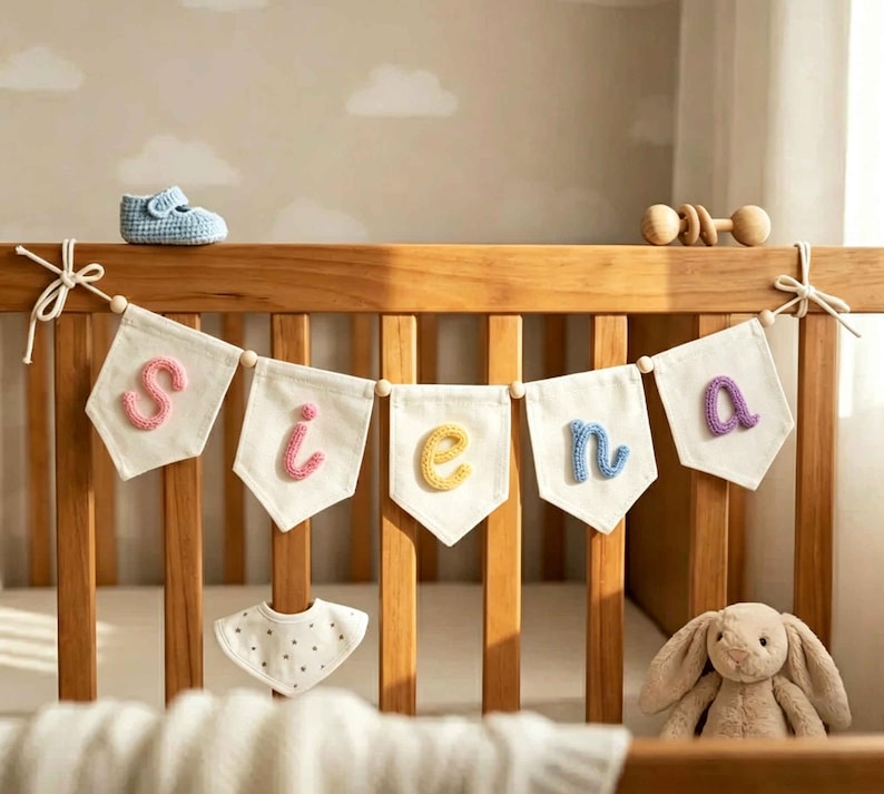 May include: A decorative banner featuring five off-white fabric pennants hanging from a wooden crib. Each pennant displays a single, colorful, crocheted letter spelling the name SIENA in pink, yellow, and blue yarn, secured with white cord.