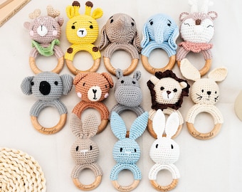Custom Animal Crochet Rattle Ring: Beech Wood Baby Grasping Toy