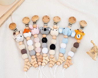 Pinza para chupete de animal de ganchillo personalizada: soporte de madera para chupete de bebé
