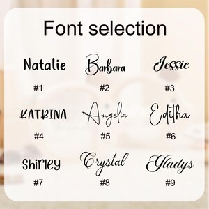 May include: Image displaying nine different font styles with names like Natalie, Barbara, and Jessie. Each name is paired with a number from #1 to #9. The text "Font selection" is at the top.