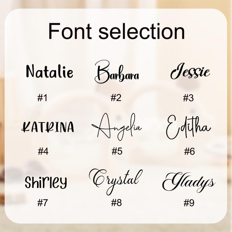 May include: Image displaying nine different font styles with names like Natalie, Barbara, and Jessie. Each name is paired with a number from #1 to #9. The text "Font selection" is at the top.