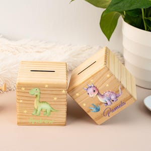 Hucha de madera personalizada con forma de dinosaurio para niños, hucha personalizable para niños, regalo con grabado de nombre personalizado para recién nacidos, caja de ahorros con forma de dinosaurio