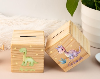Hucha de madera personalizada con forma de dinosaurio: Hucha infantil grabada