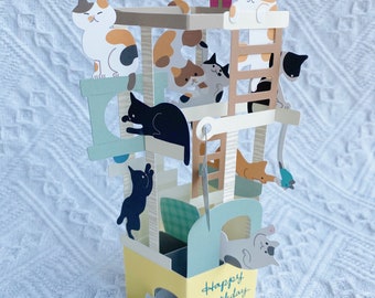 Jolie carte d'anniversaire de chat, carte pop-up 3D de chat, carte pour les amoureux des chats, cartes d'anniversaire d'animaux, cartes d'anniversaire d'enfant, arbre à chat, tour de chat