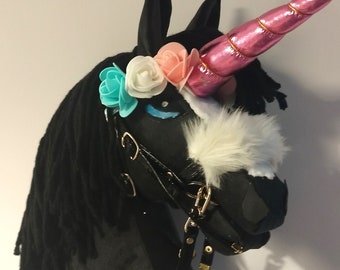 Brida de filete para caballo de batalla flores de unicornio rosa