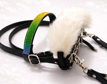 Black Snaffle Bridle with Reins for Hobby Horse Faux Fur Padding Rainbow Browband Fits A3/A4 Hobby Horses Stick Horse Tack