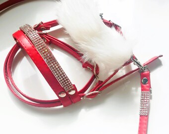 May include: Red leather dog harness with a white fur pom-pom and a matching red leash with rhinestone accents.