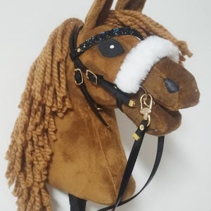 Snaffle Bridle black gloss, gold details, fur +black diamonts for hobby horse hh