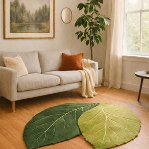 May include: Two leaf-shaped rugs in shades of green rest on a hardwood floor. The rugs have detailed vein patterns and are placed in a living room setting with a sofa, artwork, and a woven pendant light. The Rug Vault Co. is printed on the rug.