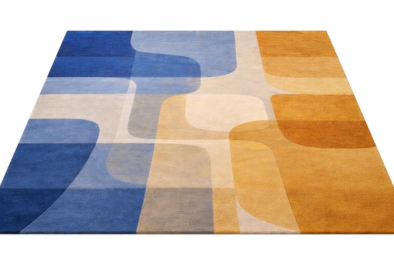 Overlap Blocks Wool Rug Hand Tufted Wool Rug, Abstract Color Block, Blue Yellow Modern Carpet ...
