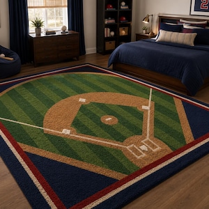 Peut inclure: Un tapis rectangulaire représentant un terrain de baseball détaillé avec une pelouse verte, un champ intérieur en terre battue brune et des lignes de base blanches. Le tapis est bordé d'un cadre bleu marine épais avec un liseré rouge.