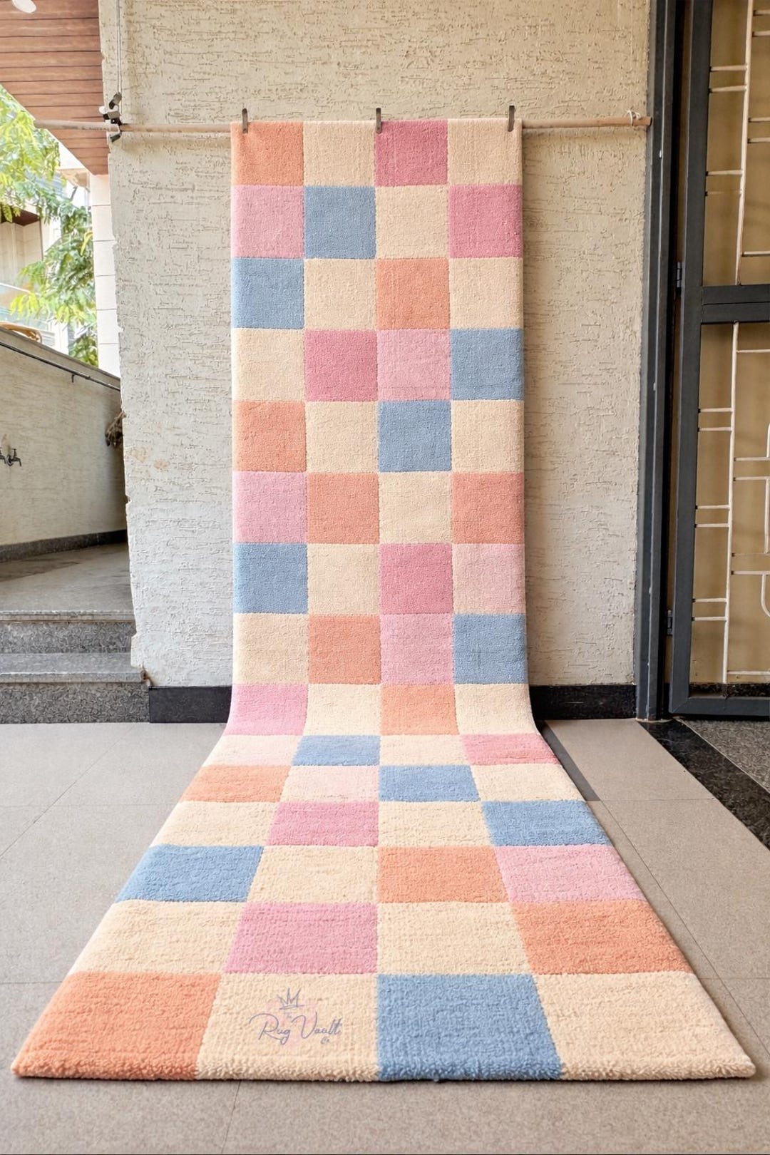Hand Tufted Pastel Checkerboard Runner Rug | Modern Checkered Hallway ...