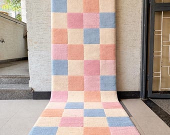 Hand Tufted Pastel Checkerboard Runner Rug | Modern Checkered Hallway Carpet | Soft Color Block Runner