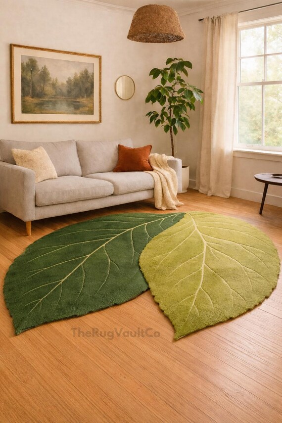 Leaf Shaped Handtufted Wool Rug – Modern Botanical Green Area Rug