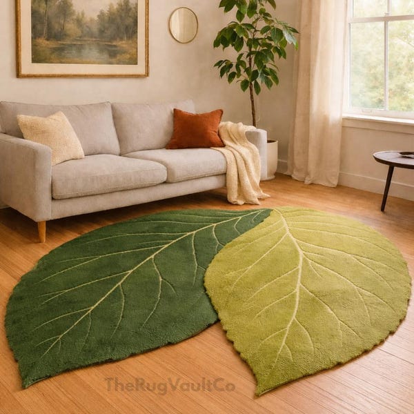 Leaf Shaped Handtufted Wool Rug – Modern Botanical Green Area Rug